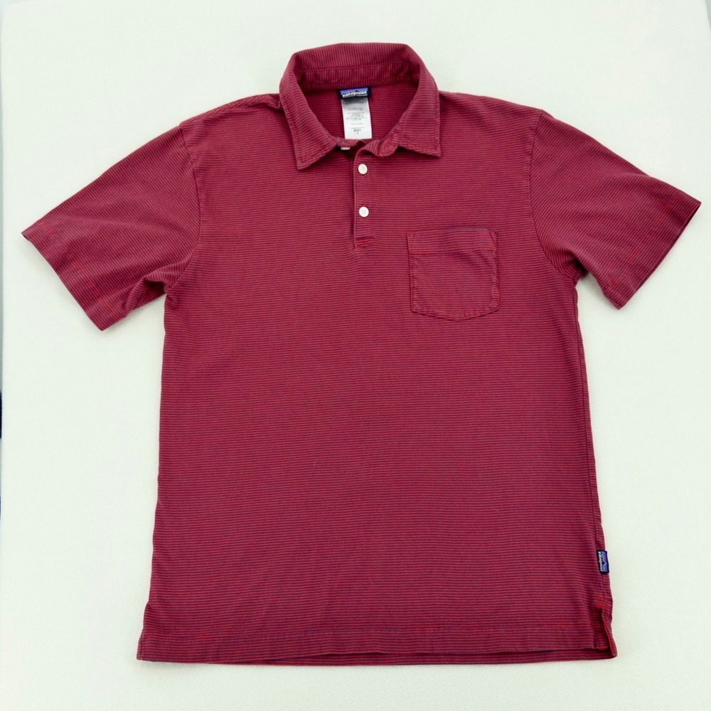 Patagonia Polo Shirt Mens Small Red Blue Micro Stripe Organic Cotton Excellent